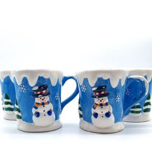 EUC Elements Snowman Holiday Ceramic Mugs Large Blue White Winter Four